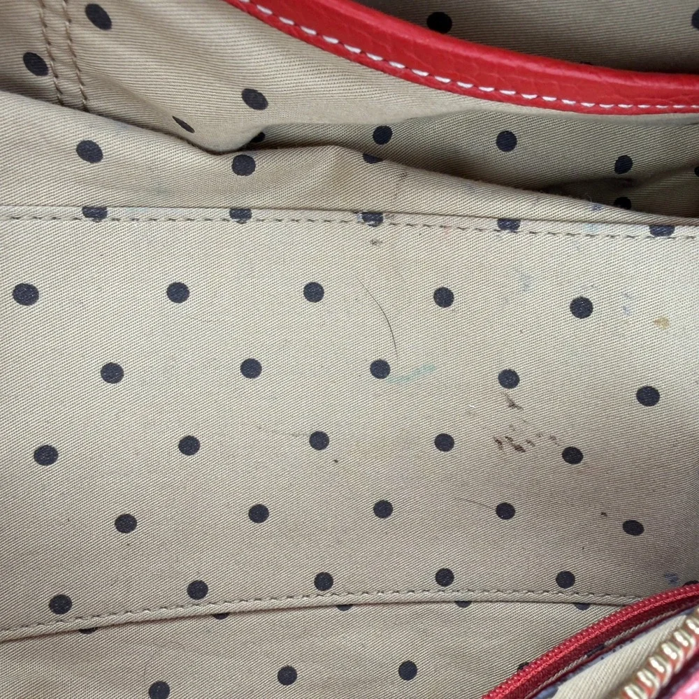Y2K Kate Spade Barrel Bag‎ Satchel Red Pebbled Leather Tassel Polka Dot Lining
